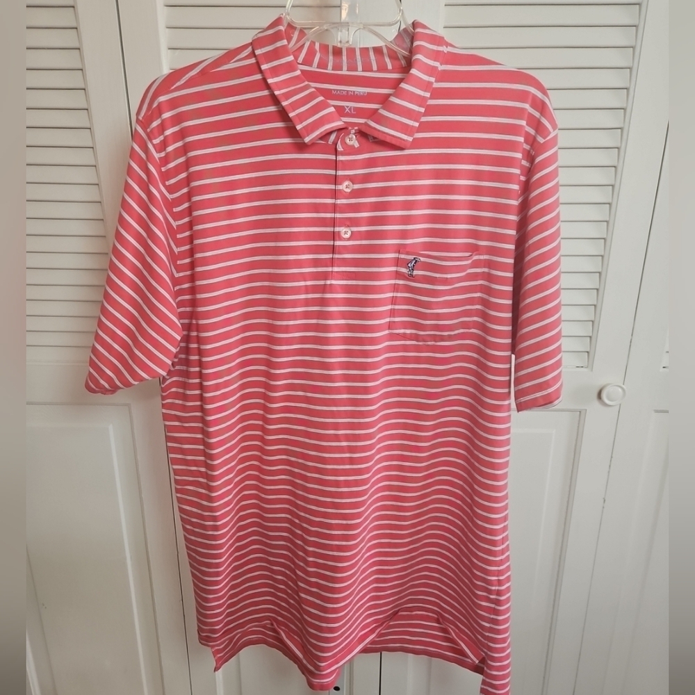 B.Draddy USA Golf Polo Shirt Mens XL Pink White Lt. Blue Stripe Pima Cotton